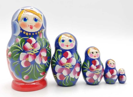 Матрешка недорогая красно синяя 5 мест 10 см. 745234  Матрешка недорогая красно синяя 5 мест 10 см. 745234