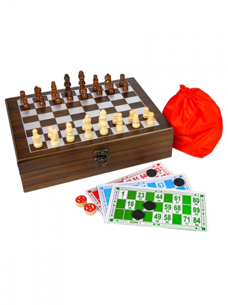 Комплект игр 2 в 1 в деревянном футляре (русское лото, шахматы), 26х19х7 см. Артикул: ИН-6460  