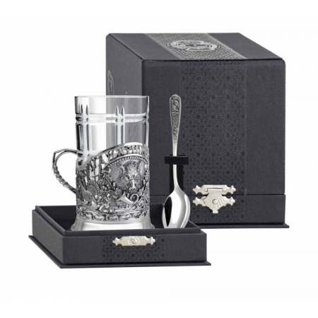 Подстаканник с ложкой из мельхиора "Кабан"  Артикул: КМ202ПС06, 