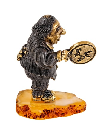 Фигурка из латуни с янтарем Еврейчик Денежный с фигой 35х50 мм. арт. 2232