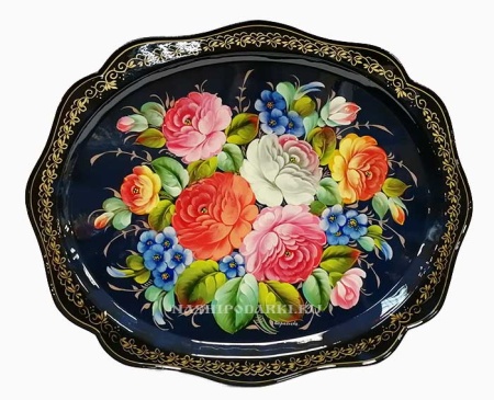 Металлический авторский поднос с цветами овал арт. 659645  Металлический авторский поднос с цветами овал арт. 659645