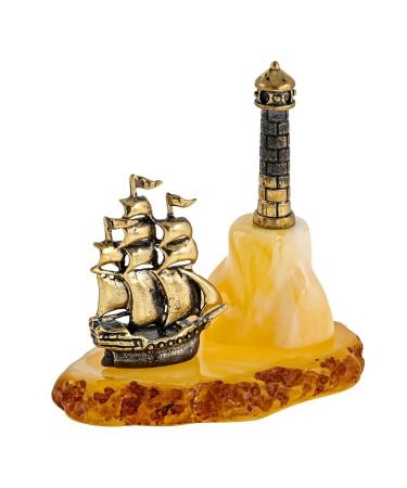 Фигурка из латуни с янтарем Корабль Маяк 55х54 мм. арт. 207