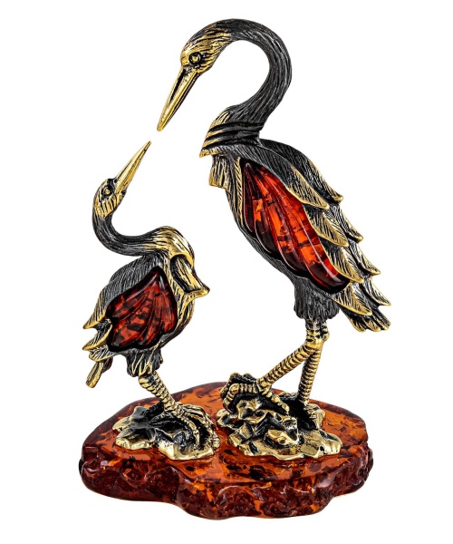 Фигурка из латуни с янтарем Птицы Аисты 55х80 мм. арт. 2383