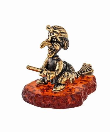 Фигурка из латуни с янтарем Баба Яга на метле 55х50 мм. арт. 1593