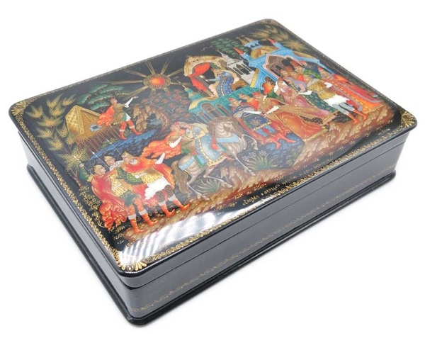 Шкатулка Палех "Сказка о семи богатырях и спящей красавице"  14х19 см. арт. 76576332 