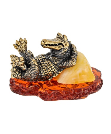 Фигурка из латуни с янтарем Крокодил Релакс 55х40 мм. арт. 2683