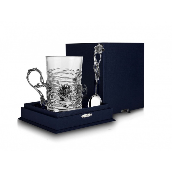 картинка Набор для чая "Настурция": ложка, стакан, подстаканник (Серебро 925)  Артикул:  837НБ03806
