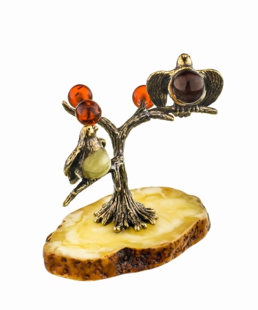 Фигурка из латуни с янтарем Птички Синички на дереве 50х45 мм.арт. 554