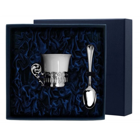 картинка Серебряная кофейная чашка "Богема" с ложкой Артикул: 534ЧШ07001; 510ЛЖ07001, Ф2000207, магазин подарков