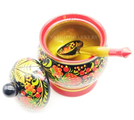 картинка Хохлома Сахарница с ложкой малая 11х9см Арт. 81963.1 магазин подарков