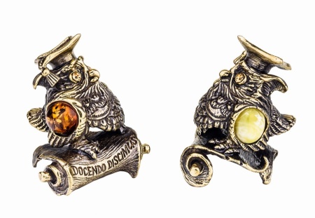 Фигурка из латуни с янтарем Птица Сова доцент 40х45 мм. арт. 521