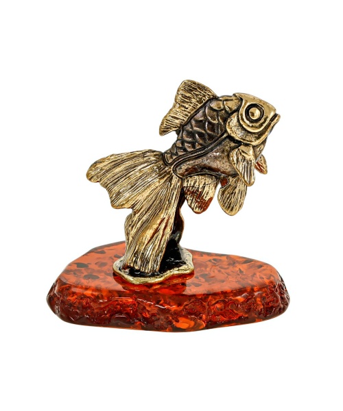 Фигурка из латуни с янтарем Рыбка Дорама 32х23 мм. арт. 669