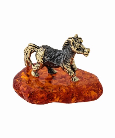 Фигурка из латуни с янтарем Лошадь Пони маленькая 35х25 мм. арт. 1375