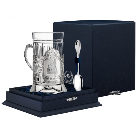 картинка Серебряный подстаканник с ложкой "Храм Христа Спасителя" Артикул: 307ПС00001, Ф0170307, С189, 292ЛЖ3001,