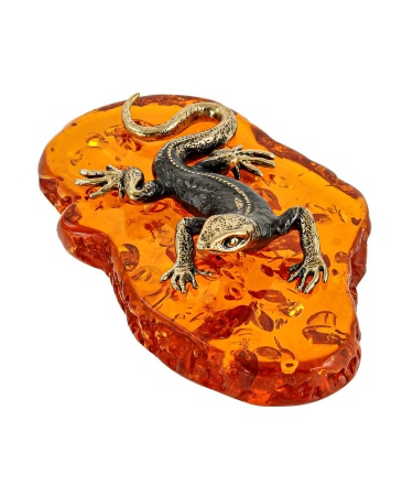 Фигурка из латуни с янтарем Ящерица Василиск на подставке 65х18 мм. арт. 692