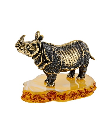 Фигурка из латуни с янтарем Носорог Отец 55х45 мм. арт. 2588