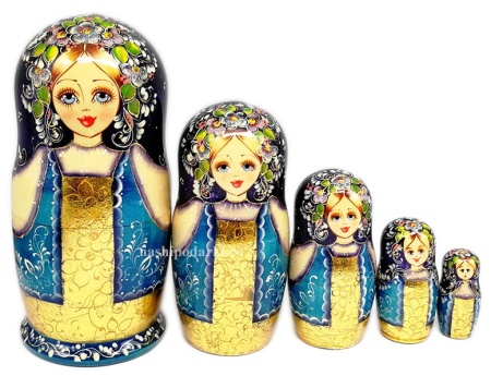 Матрешка синяя поталь 18 см 5 мест арт. 776655