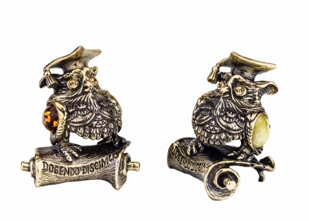 Фигурка из латуни с янтарем Птица Сова доцент 40х45 мм. арт. 521