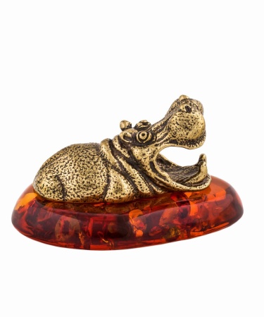 Фигурка из латуни с янтарем Бегемот Гиппопотам 45х27 мм. арт. 154