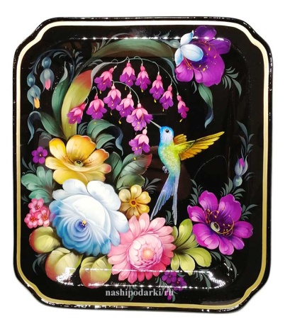 Металлический авторский поднос с цветами и птичкой 33х26 см. арт. 4367826 