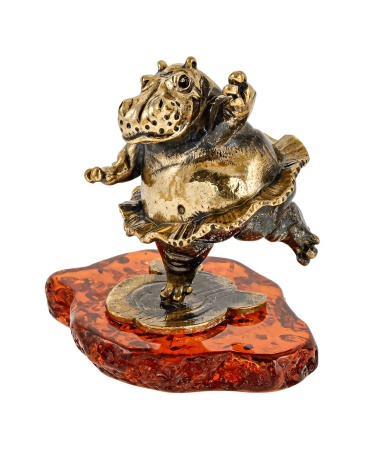 Фигурка из латуни с янтарем Бегемот Балет маленький 50х50 мм. арт. 2842