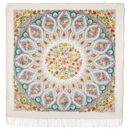 Павлопосадский платок «СНЕЖИНКИ И ЦВЕТЫ» 146 см. 1676-1  Павлопосадский платок «СНЕЖИНКИ И ЦВЕТЫ» 146 см. 1676-1