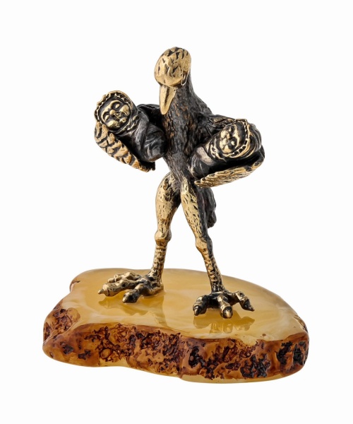 Фигурка из латуни с янтарем Птица Аист двойня 50х50 мм. арт. 1500