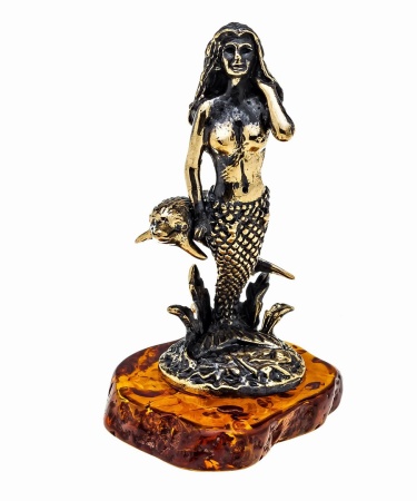 Фигурка из латуни с янтарем русалка с дельфином 45х65 мм. арт. 1166