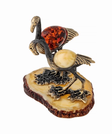Фигурка из латуни с янтарем Птицы Фламинго Пара 65х70 мм. арт. 1548