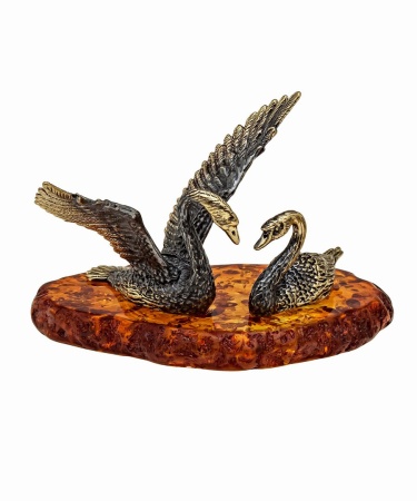 Фигурка из латуни с янтарем Птицы Лебеди Пара 80х45 мм. арт. 1086