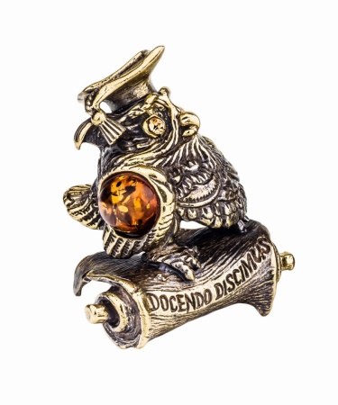 Фигурка из латуни с янтарем Птица Сова доцент 40х45 мм. арт. 521