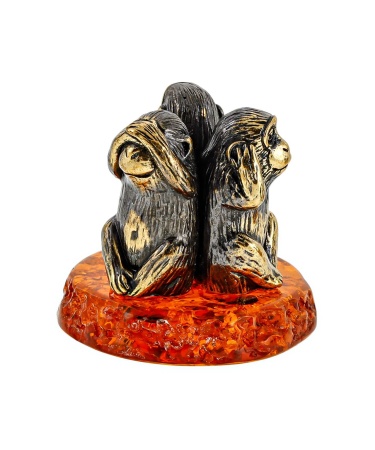 Фигурка из латуни с янтарем Обезьяны мудрости 35х40 мм. арт. 2582