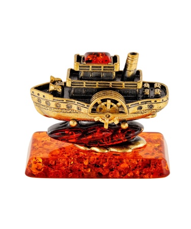 Фигурка из латуни с янтарем Корабль Пароходик 60х55 мм. арт. 2259