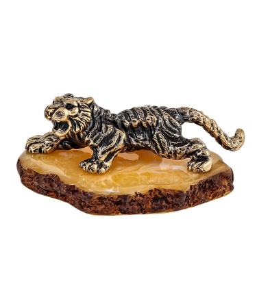Фигурка из латуни с янтарем Тигр Свирепый 55х25 мм. арт. 1679