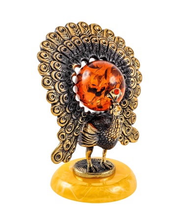 Фигурка из латуни с янтарем Птица Павлин красивый 43х68 мм. арт. 910