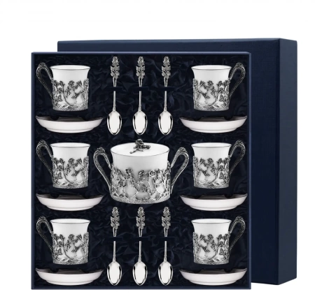 Набор "Роза": блюдце, ложка, чашка, сахарница (Серебро 925)  Артикул:  1326НБ07806 магазин 