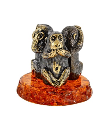 Фигурка из латуни с янтарем Обезьяны мудрости 35х40 мм. арт. 2582