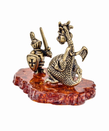 Фигурка из латуни с янтарем рыцарь с драконом 74х47 мм. арт. 337