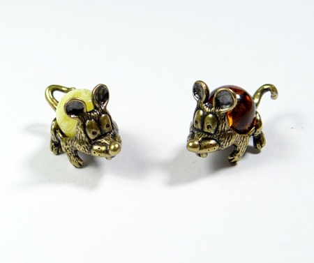 Фигурка из латуни с янтарем Мышь Ушастик арт. 530