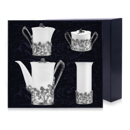 Набор "Роза": ваза, кофейник, сахарница, сливочник (Серебро 925)  Артикул:  1325НБ07806 магазин 