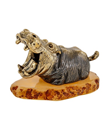 Фигурка из латуни с янтарем Бегемот Саванна 50х40 мм. арт. 2837