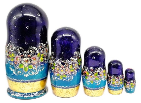 Матрешка синяя поталь 18 см 5 мест арт. 776655
