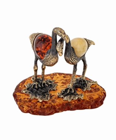 Фигурка из латуни с янтарем Птицы Фламинго Пара 65х70 мм. арт. 1548