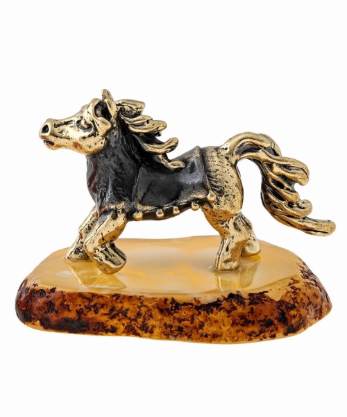 Фигурка из латуни с янтарем Лошадь Пони в попонке 50х35 мм. арт. 1407