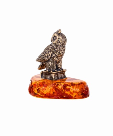 Фигурка из латуни с янтарем Птица Сова Букля 29х30 мм. арт. 644